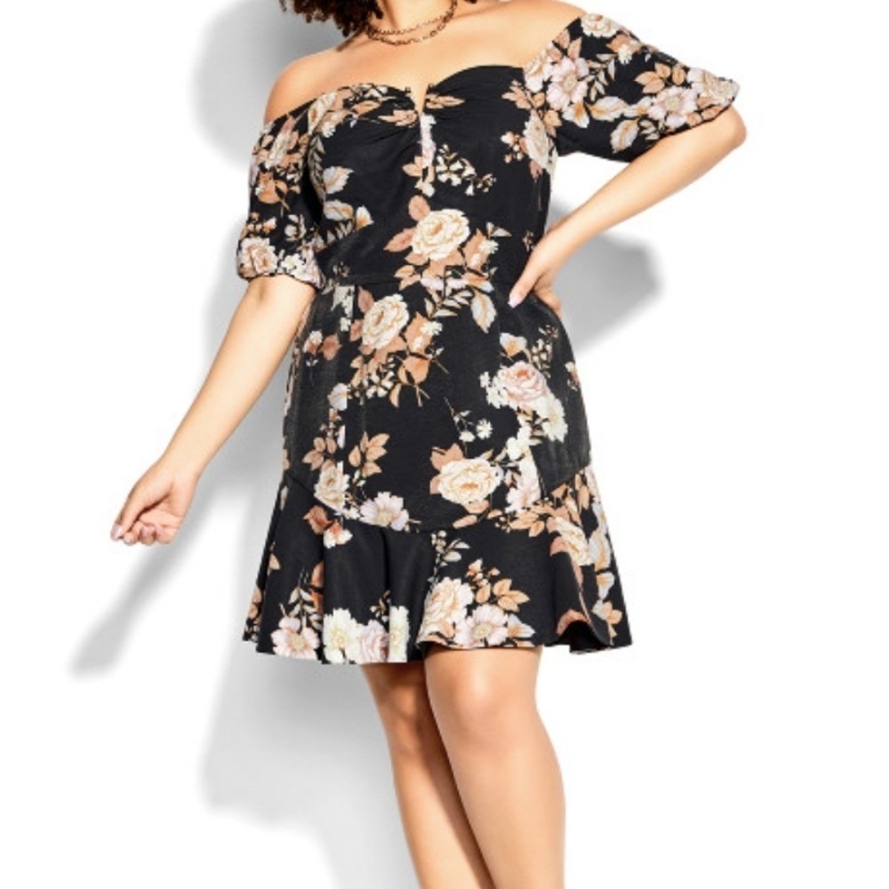 City Chic NWT Plus size S 16 Black Aria Floral Off Shoulder Fit n Flare Dress